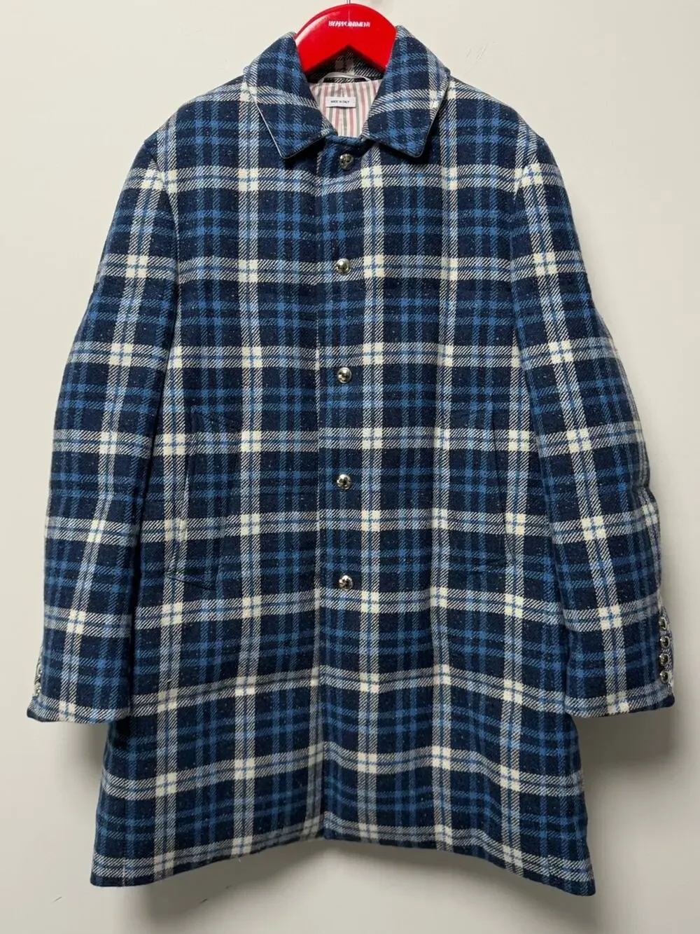Thom Browne Size 1 Blue Plaid Wool Down Filled Overcoat Made in Italy